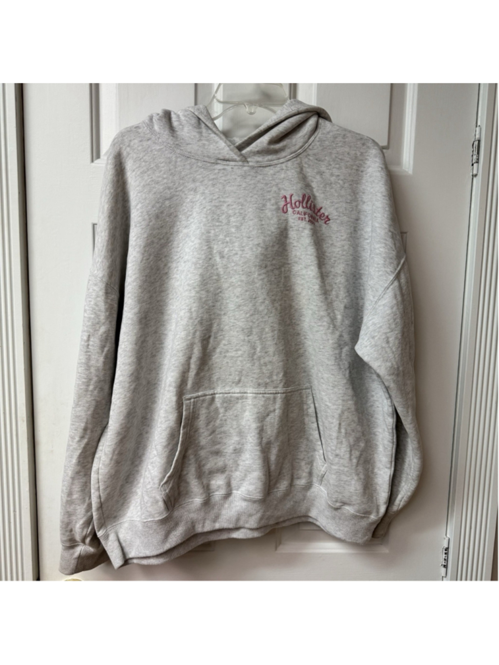 Hollister Women's Hoodie Grey W/Pink Size L Long Sleeve Pullover Sweatshirt Logo